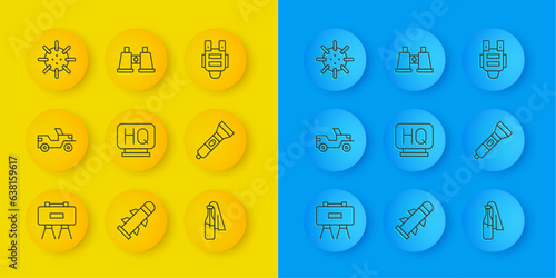 Set line Military mine, jeep, headquarters, Cocktail molotov, Flashlight, Naval, Bulletproof vest and Binoculars icon. Vector