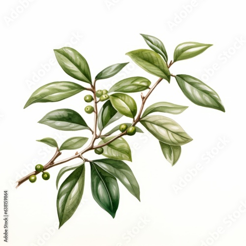 Coffee beans and leaves on a white background