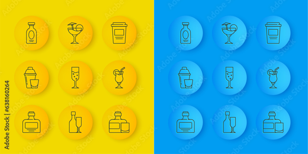 Set line Whiskey bottle, Cocktail shaker, Glass of champagne, and glass, Alcohol drink Rum, Coffee cup to go and icon. Vector Set line Whiskey bottle, Cocktail shaker, Glass of champagne, and glass, Alcohol drink Rum, Coffee cup to go and icon. Vector