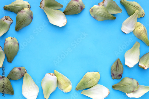 Frame made of fresh artichoke petals on blue background