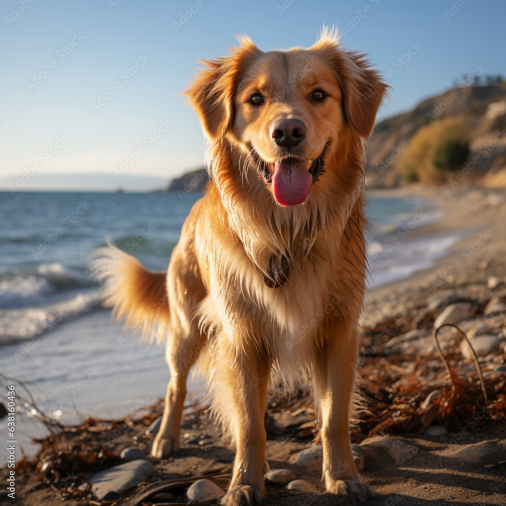  golden retriever dog, standing, film photography, photorealistic, by the sea, portrait photography, beautiful, sunlight, smooth light