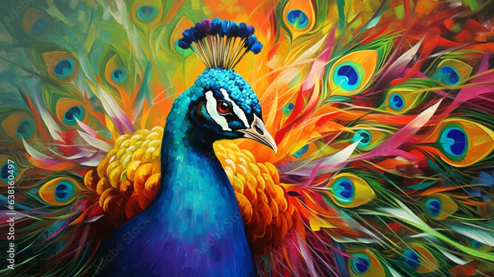 Fototapeta premium Beautiful colorful peacock head acrylic painting photography image AI generated art
