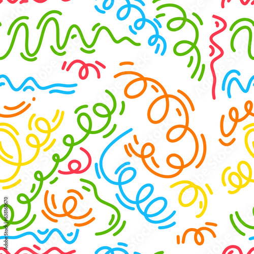 Fun colorful line doodle seamless pattern. Creative minimalist style art background for children or trendy design with basic shapes. Simple childish scribble backdrop. © Мария Неноглядова