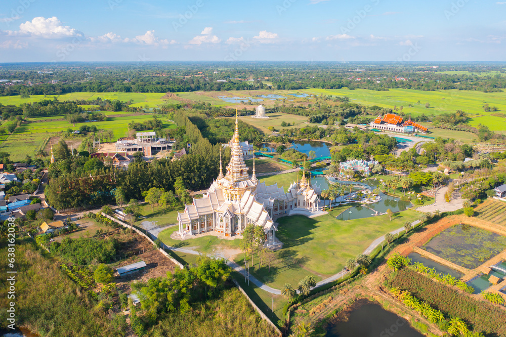 Wat Luang Phor Toh temple pagoda is a buddhist temple in Nakhon Ratchasima or Korat, an urban city town, Thailand. Thai architecture landscape background. Tourist attraction landmark.