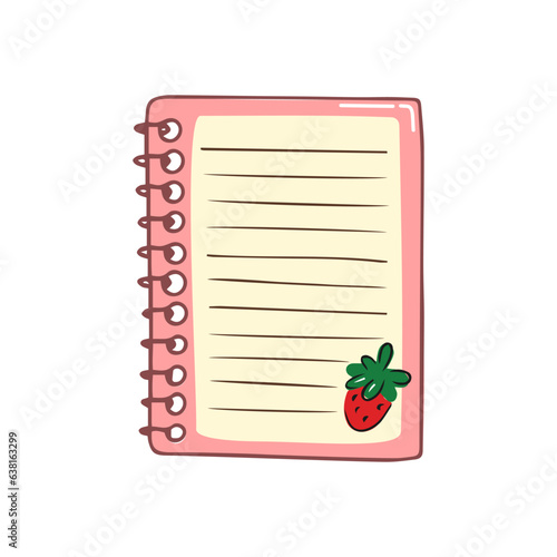Blank notepad with cute strawberry. Hand drawn stationery supplies doodle. Vector design illustration isolated on white background.