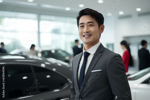 타 직종에서 종사하던 30대 초반의 한국인 남자가 비전을 품고 새롭게 자동차 세일즈 업계로 뛰어들어 실적을 쌓아가며 자신감 있게 고객 응대를 하고 있다 photo