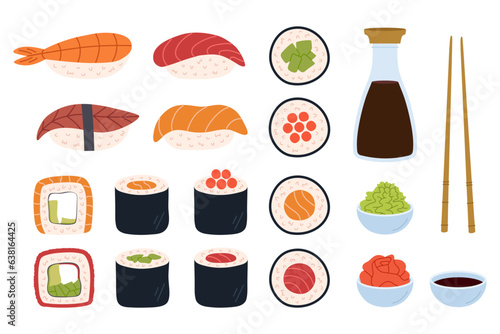 Japanese sushi roll set. Big collection of asian food. Hand-drawn colored flat vector illustration for menu, restaurant, delivery, cafe.