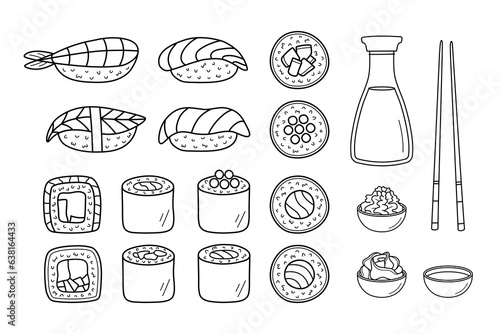 Japanese sushi set. Big collection of variety nigiri and sushi rolls, soy sauce, wasabi, pickled ginger and chopsticks. Hand drawn doodle style. Vector illustration isolated on white background.