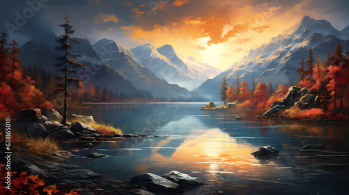 Fantasy landscape with lake and mountains at sunrise