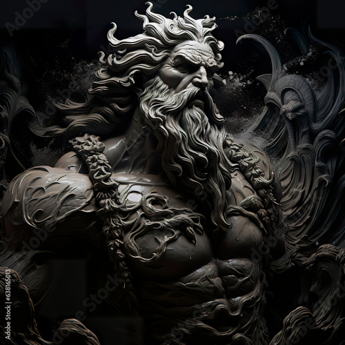 A stunning artwork captures the essence of Poseidon, the mighty sea deity, in a mesmerizing play of black and white. Poseidon god of the seas in aura of power and mystique.