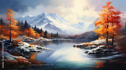 Beautiful autumn landscape with lake, mountain and forest.