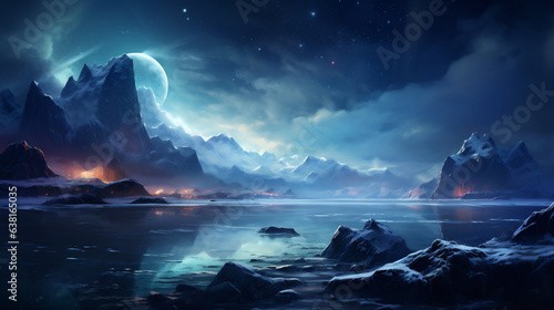 Fantasy landscape with mountains, lake and moon
