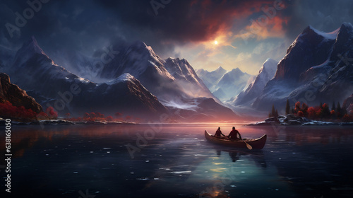 Fantasy landscape with a boat in the lake and mountains in the background photo