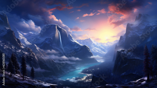 Fantasy landscape with mountains, lake and moon