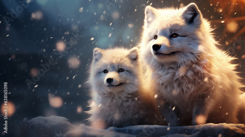 Two cute foxes sitting on the snow in the winter forest