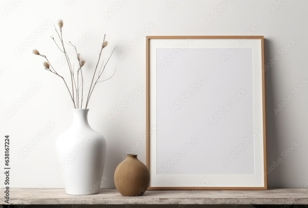Minimalistic composition of the shelf wooden mock up photo frame, vases and dried flowers. Minimalistic composition of the shelf wooden mock up photo frame, vases and dried flowers.