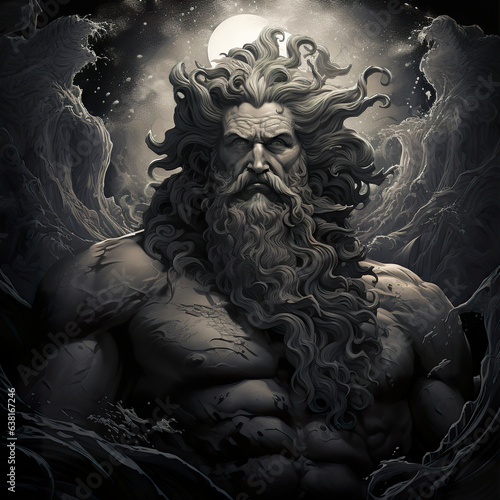 A stunning artwork captures the essence of Poseidon, the mighty sea deity, in a mesmerizing play of black and white. Poseidon god of the seas in aura of power and mystique.