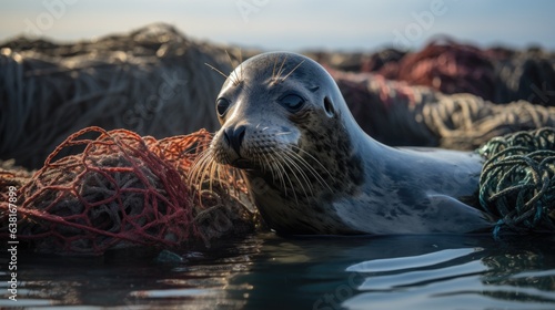 seal ensnared in a fishing net, a stark example of marine life endangerment generative ai © Kelly