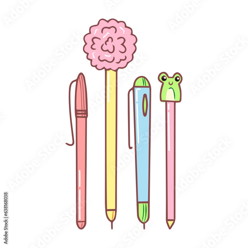 Set of cute pens. Kawaii pen with frog. Hand drawn stationery supplies doodle. Vector design illustration isolated on white background.