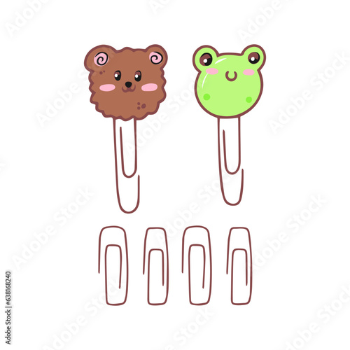 Set of kawaii paperclips with bear and frog head. Hand drawn stationery supplies doodle. Vector design illustration isolated on white background.