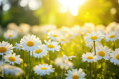 Sun lit spring meadow with many daisy flowers blooming