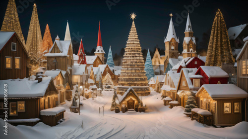 Fantasy Christmas village illustration showing a vintage town with towering Christmas trees. AI Generated
