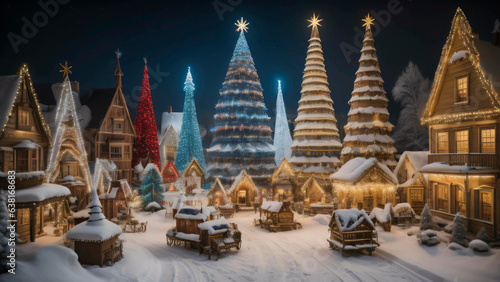 Fantasy Christmas village illustration showing a vintage town with towering Christmas trees. AI Generated