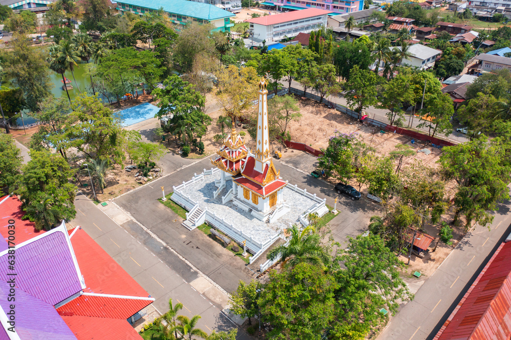 Aerial top view of The Isan pagoda is a buddhist temple near Bangkok, an urban city town, Thailand. Thai architecture landscape background. Tourist attraction landmark.