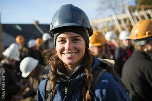 A happy construction worker wearing a hard hat