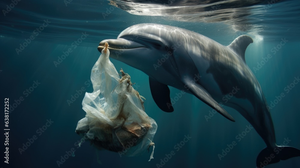 Fototapeta premium dolphin with a plastic bag, a powerful illustration of marine pollution generative ai