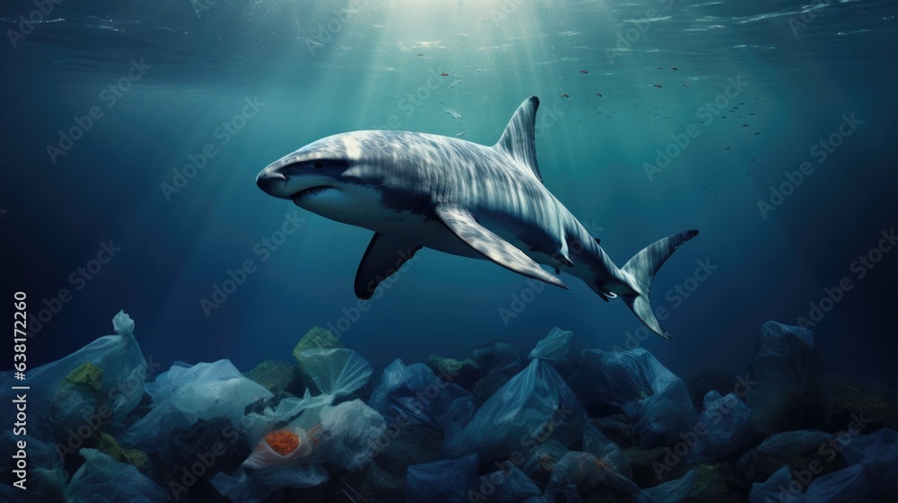 Fototapeta premium dolphin with a plastic bag, a powerful illustration of marine pollution generative ai