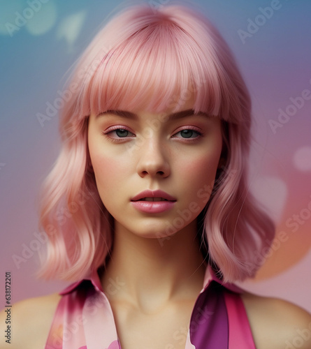 Portrait of surreal young girl with pink blue hair on blurred blue background. Generative AI.