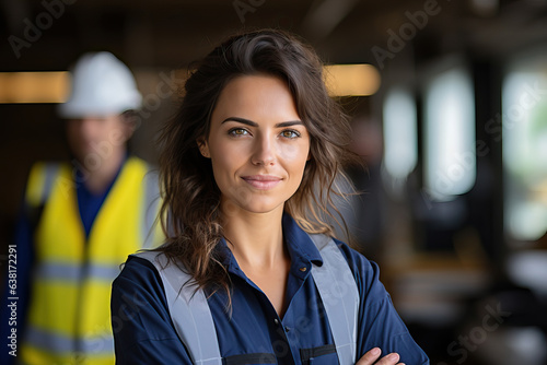 A confident construction worker with crossed arms in a blue shirt