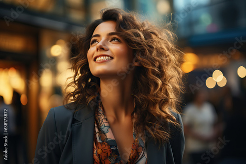 Photo of a professional woman smiling in front of a modern office building