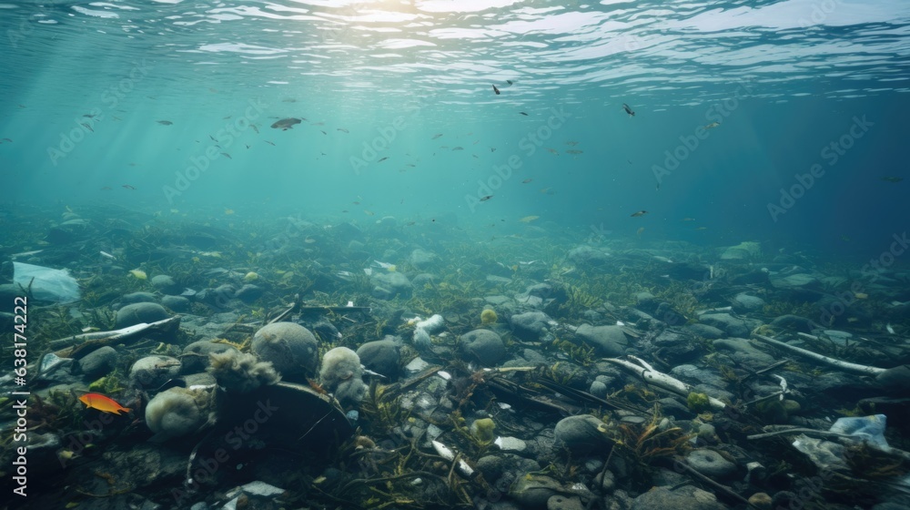 Fototapeta premium litter floating on a lake, highlighting freshwater pollution generative ai