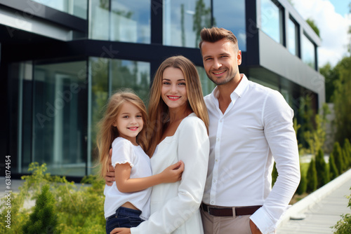 happy young family on the background of a modern new house