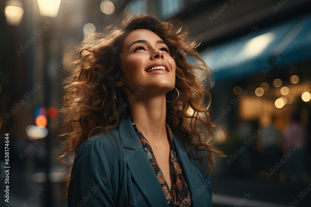 Photo of a stylish woman with flowing hair walking confidently down a bustling city street