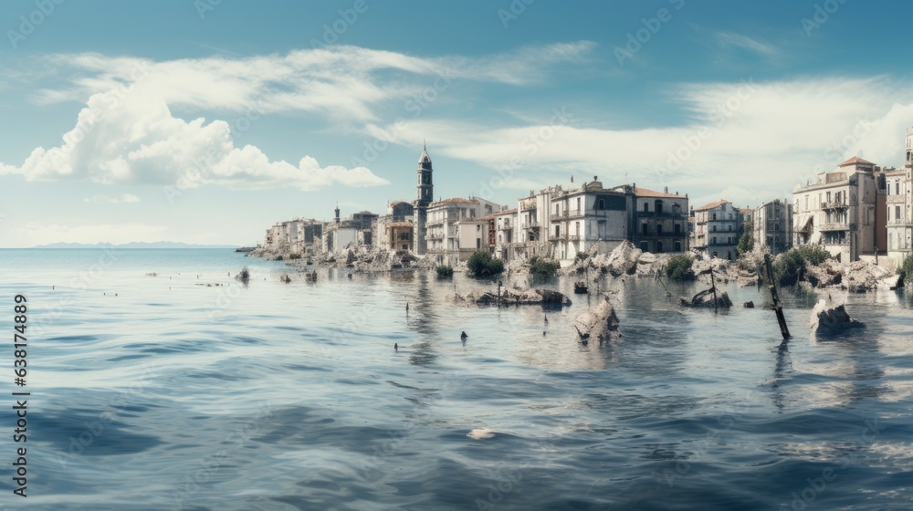 coastal town dealing with rising sea levels, a clear sign of climate change generative ai