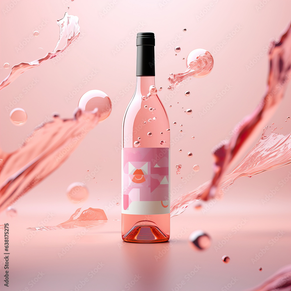 Bottle of rose wine floating in liquid splash. Wine bottle mockup with