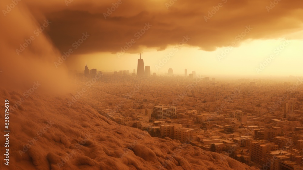 city engulfed in a dust storm, signifying the problem of soil pollution generative ai