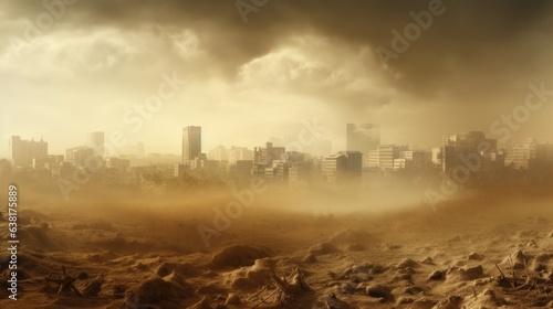 city engulfed in a dust storm, signifying the problem of soil pollution generative ai photo