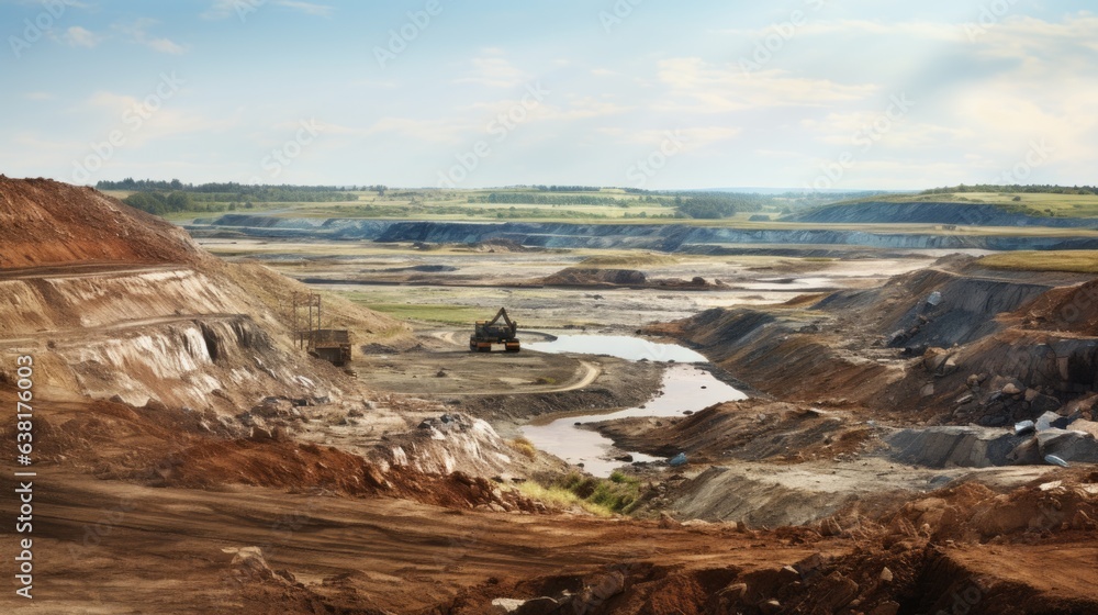 landscape scarred by open pit mining, a vivid representation of land degradation generative ai