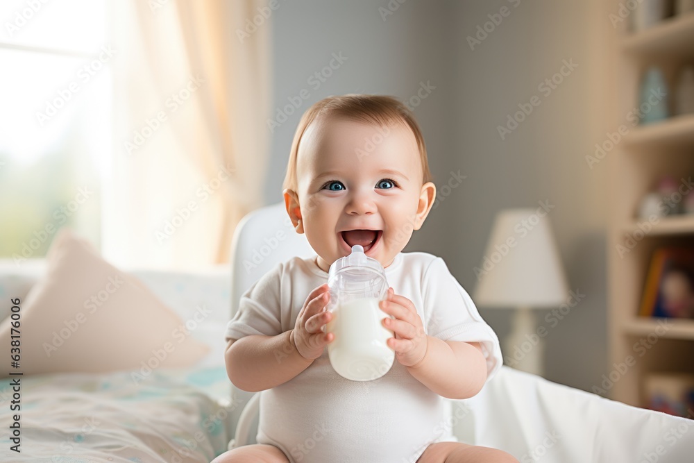 cute happy little baby holding a feeding bottle with milk and smiling. Milk formula for babies cute happy little baby holding a feeding bottle with milk and smiling. Milk formula for babies