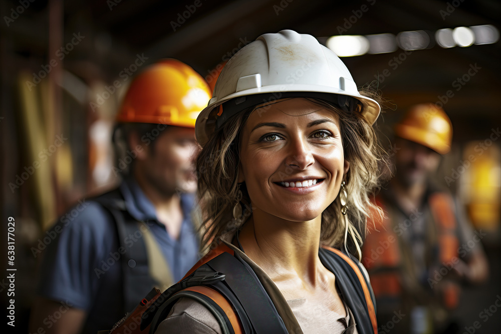 A female construction worker donning safety gear and a hard hat A female construction worker donning safety gear and a hard hat