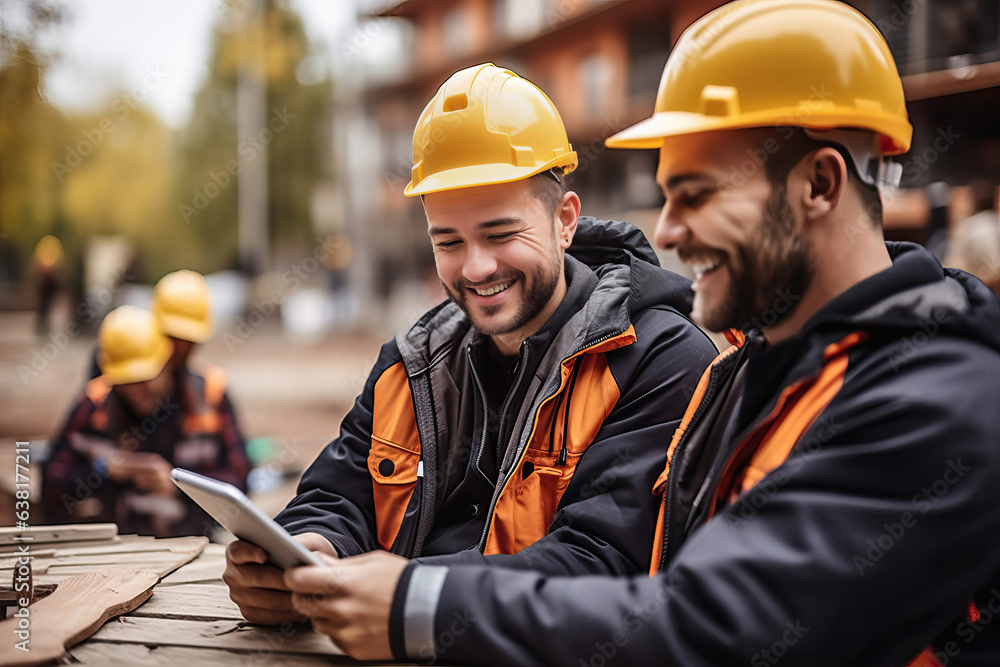 Two construction workers inspecting plans on a tablet at a construction site Two construction workers inspecting plans on a tablet at a construction site