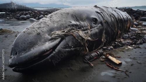 whale washed ashore with a stomach full of plastic waste, a strong statement about ocean pollution generative ai © Kelly