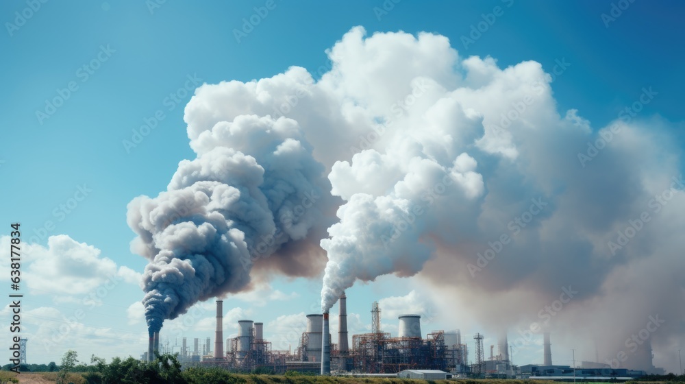 factory billowing smoke into a cloudless sky, illustrating the issue of air pollution generative ai