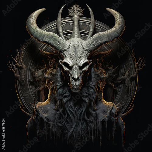 Figure of Baphomet adorned with horns of command. Occult artwork of Baphomet in a potent blend of mysticism and enigma.