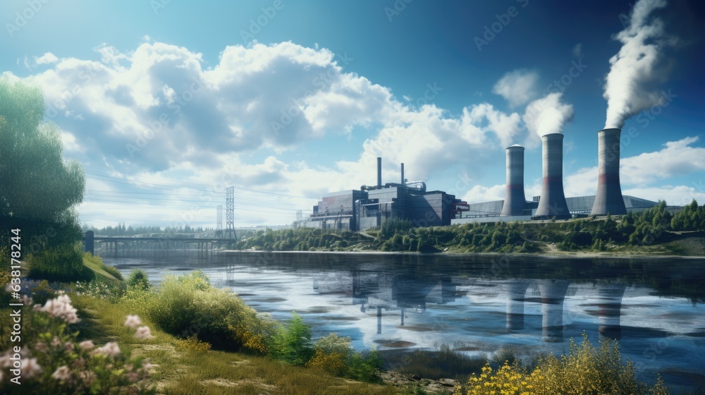 power plant on a riverbank, representing the impact of industrial activities on water bodies generative ai