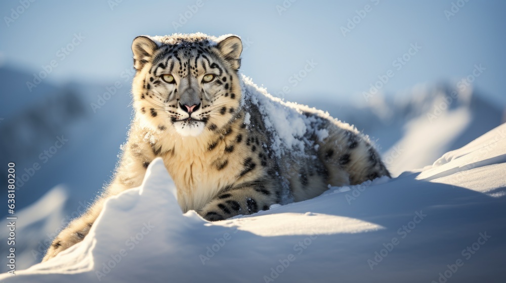 Fototapeta premium snow leopard in a dwindling snowy habitat, signifying the impacts of climate change on animal life generative ai